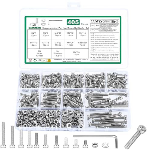 405 Pcs M4 Nuts and Bolts Set, Hex Socket Head Cap Screws Bolts and Nuts Set, Assorted Bolt and Nut and Washers Assortment, DIN912 Machine screws set, Hex Socket Cap Head screws bolts set