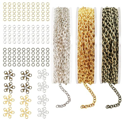 3 Rollen 5M Gliederkette Meterware Kit, 3 Rollen 5M Gliederkette Meterware Kit, mit 60 Karabinerverschluss und 150 Biegeringe, für Halsketten, Ohrringe, Armbänder, Schmuckherstellung Szubehör