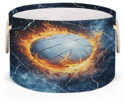 Gumuslen Flame Volleyball Storage Basket Fire Lightning Ball Foldable Storage Bin with Handles Organizer Bins Shelves Boxes for Blankets Clothes Shoes Closet Living Room