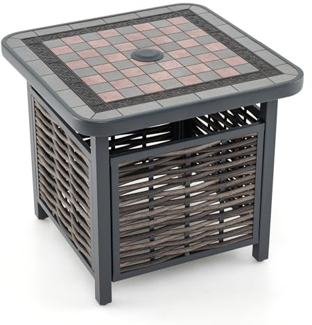 GIANTEX Tavolo da giardino esterno in vimini con foro per ombrellone, tavolino quadrato in rattan PE con piano in resina, telaio in metallo, tavolo da pranzo per giardino, cortile, terrazza