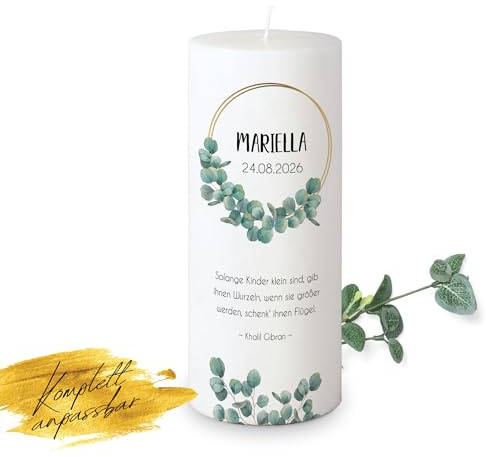 MOMENTU® Taufkerze personalisiert Eukalyptus Ø8 x 20 cm - [Docht] Taufgeschenk für Jungen und Mädchen, grün, modern, selber machen, selber gestalten, nachhaltige Rohstoffe