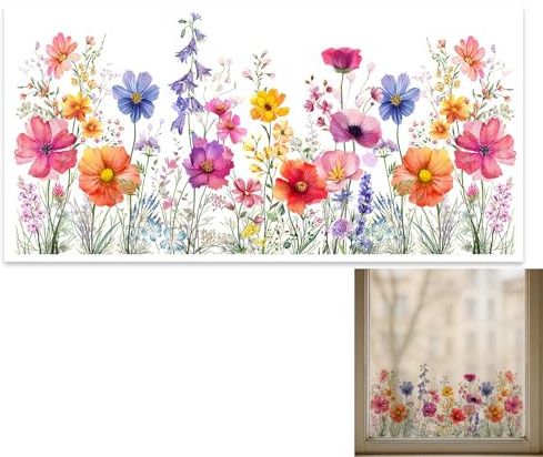 EUYKQNOI Fensterbilder Blumen Selbstklebend 30x60cm - Bunte Fensterdeko für Frühling, Sommer, DIY Fensteraufkleber mit Doppelseitigem Druck, Statisch Haftend für Wohnzimmer, Schlafzimmer, Küche