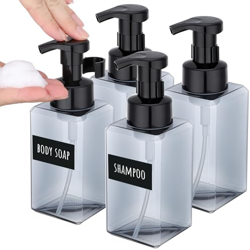 Segbeauty Dispensador Jabon Baño, 4 Piezas 450ml Dispensador Espuma, Botella para Espuma, en Plástico, Dosificador Jabon con Etiquetas, Accesorios Cocina (Gris)