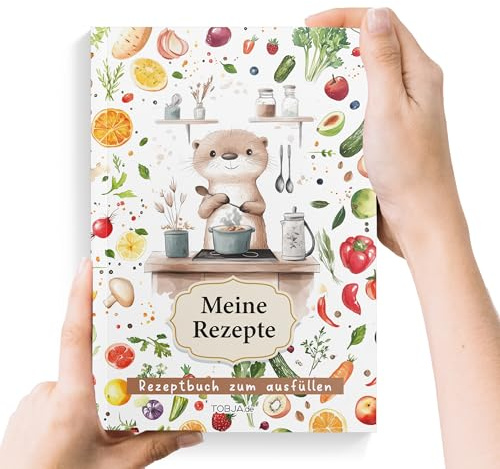 TOBJA Rezeptbuch zum selberschreiben Otterliebe DIN A5 – 87 Lieblingsrezepte – mit Saisonkalender, Register, Buchklappen & Leseband – Ausfüllbuch für eigene Familienrezepte