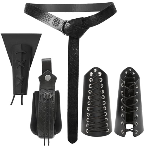 CWENDANER Ensemble de ceinture médiévale 5 accessoires de renaissance comprenant ceinture, fourreau d'épée, protège-poignets et sac banane pour jeux de rôle et reconstitution viking, Noir, taille