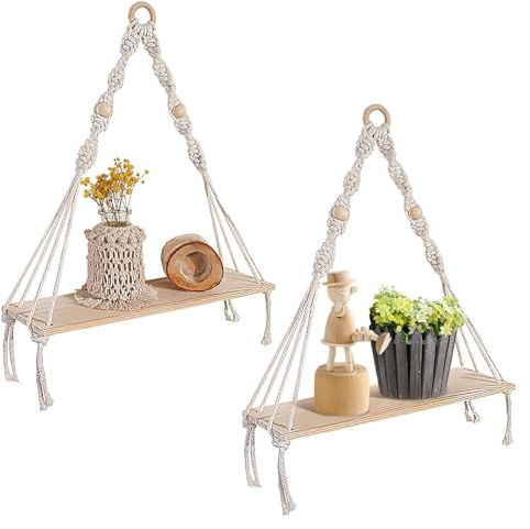 CHICHI:OÜ Makramee Wandregal - 2 Stück 35 cm Holz Wanddeko Regal Wand, Boho Deko Hängeregal Baumwollseil, Handgewebte Schweberegal für Balkon Badezimmer Wohnzimmer Schlafzimmer Kinderzimmer