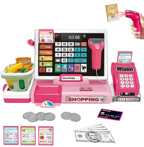 PLLYPE Elektronische Kasse Spielzeug, Spielzeug-Kassen-Set für Kinder, mit Rechner-Funktion, Scanner, Zahlungsterminal, Spielgeld, für Kinder 3+ Jahren