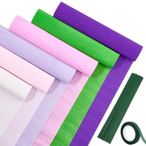 CRASPIRE 58 Kit Bricolaje Flores Papel Crepé Hojas Papel Colores 6 Rollos Hojas Papel Crepé Cinta Ver36M 50 alambres Hierro Florales Verdes Decoración Bodas Cumpleaños Fiestas