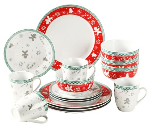 simpa 16PC Christmas Gingerbread Men Ceramic Porcelain Dinner Set. 4 Dinner Plates, 4 Side Plates, 4 Bowls & 4 Mugs. Dishwasher & Microwave Safe.