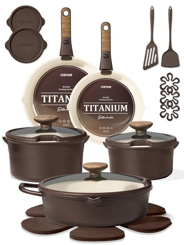 CAROTE 22Pcs Titanium Cookware Set, Pots and Pans Set Non Stick, Kitchen Cooking Set with Detachable Handle, Non Toxic Induction Cookware, Dishwasher/Oven Safe, Browm