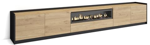 Skraut Home | Mueble TV | Televisión | Muebles de salón, almacenaje | 310x50x37 cm | para TV hasta 80 | Chimenea eléctrica | Estilo Moderno | Roble y Negro