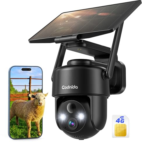 Codnida 4G LTE Überwachungskamera Aussen mit SIM Karte,3MP HD, 9000mAh Akku, Zwei-Wege-Audio, PIR-Bewegungserkennung, IP65 Wetterfest, Nur 4G-Verbindung