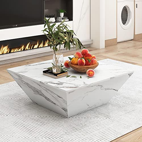 OKMYHOME Table Basse Trapézoïdale avec 2 Tiroirs, Blanche, 70 × 70 cm | Hauteur 37 cm, rangement MDF, effet marbre, design moderne, pour salon
