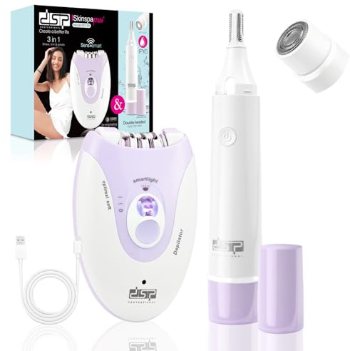 DSP Epilatore e rasoio da donna, 2 in 1, senza fili | Testina per sopracciglia, epilatore e rasoio a doppia funzione, ricarica USB, delicata per viso, gambe e linea bikini