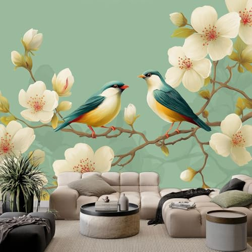 WHUOEUCO Carta da parati Fotografica Fiori di ciliegio uccelli 200x140 cm Fotomurali Tessuto Non Tessuto, Decorazione Murale Carta da parati per Soggiorno Camera Da Letto Ufficio