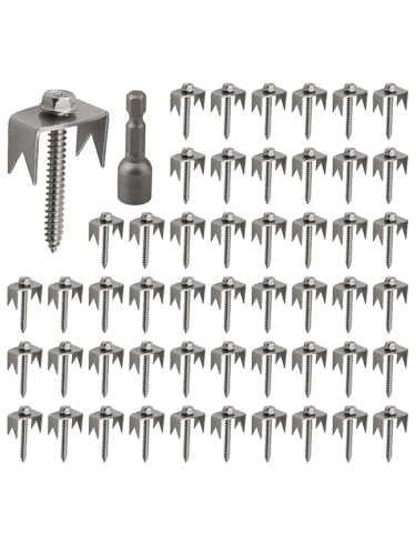 URPIZY 50 clavos de acero inoxidable para valla de alambre en U con 2 dientes por lado, para valla de malla de alambre, alambre de pollo, jardín y alambre de púas, incluye 50 tornillos y 1 adaptador