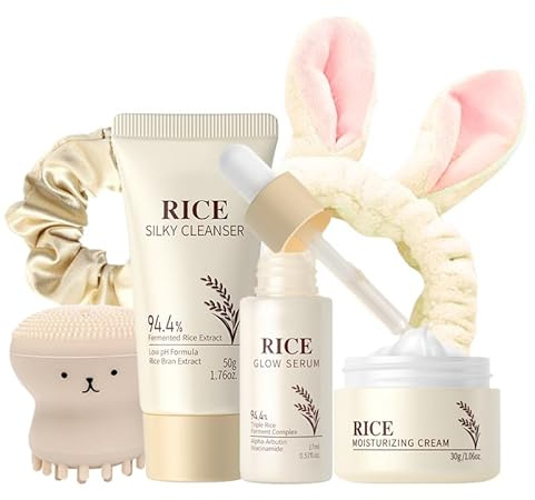 6PCS Rice Skin Care Sets & Kits, Korean Skincare Set-Facial Cleansing Brush & Cleanser, Serum, Face Cream, Hair Band&Tie, Complete Pamper Gifts for Women,Travel Skincare Set for Women Teenage Girls