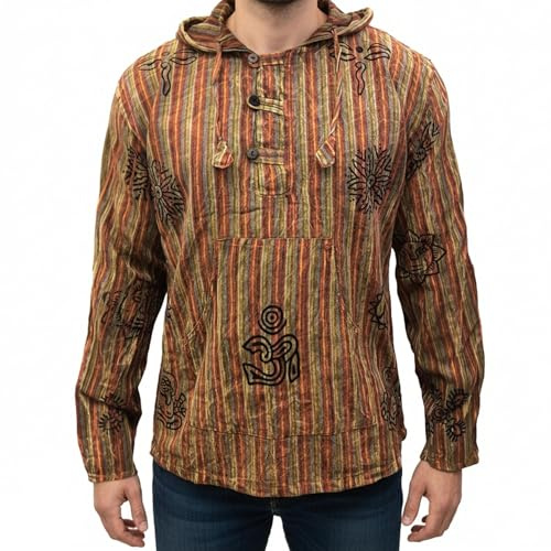 SHOPOHOLIC FASHION Mens Shirts Long Sleeve Hooded Bohemian Striped Festival Outfit, (L,Orange)
