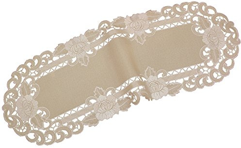 Quinnyshop Weiße Blumen Durchbruchsstickerei Tischläufer ca. 40 x 110 Oval Leinen-Optik, Beige