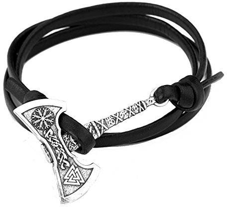 TEAMER Bracelet enroulé avec hache de viking et amulette de valknut, Cuir,