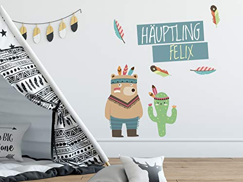 GRAZDesign Wandtattoo Kinderzimmer Junge | personalisiert mit Name | Indianer Bär Tiere Wandaufkleber Baby Babyzimmer Waldtiere | Wandsticker Deko selbstklebend, 52x30cm
