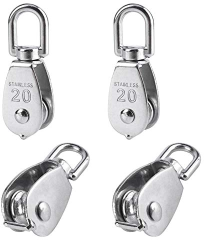 BuxiuGK 4 Pezzi 20 mm Puleggia Singolo Blocco Carrucole in 304 Acciaio Inox Singola Puleggia Gru Girevole Gancio Singola Ruolo Puleggia Carico Carico 75 Kg- Argento