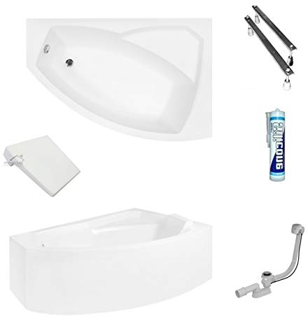 ECOLAM® Badewanne Eckbadewanne Acryl Rima weiß 160x100 cm RECHTS + Kopfstütze + Schürze Ablaufgarnitur Ab- und Überlauf Automatik Füße Silikon Komplett-Set