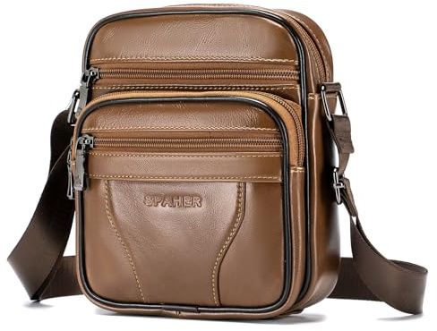 SPAHER Borsa da uomo a tracolla in vera pelle piccola borsa a tracolla da uomo borsa a tracolla borse business vintage zaini indossati attraverso tasche multifunzione borse da viaggio, Marrone045, 17