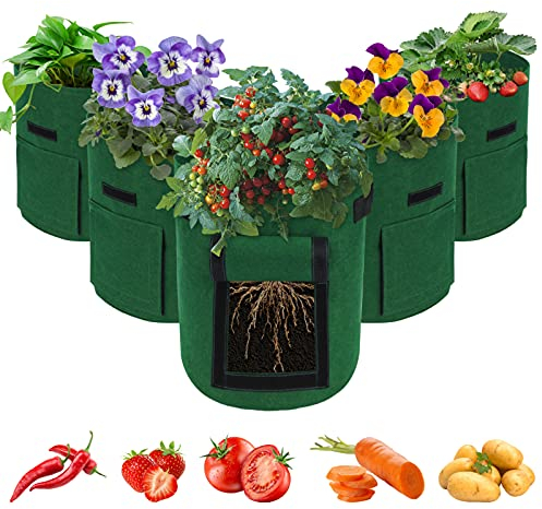 LITLANDSTAR Potato Growing Bag, 5-Pack 10 Gallonen Vegetable Growing Plant Bags mit Sichtfenster und Griffen für Gemüse, Obst, Blumen, Kartoffel (Grün)