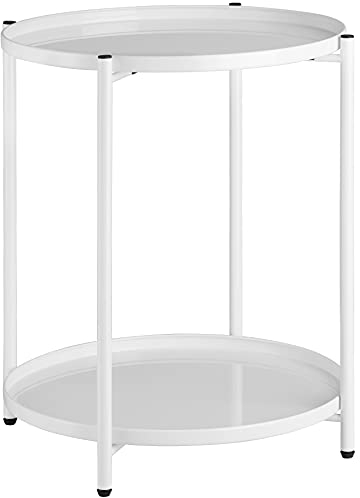 tectake® Tisch rund, Beistelltisch Metall, Kleiner Tisch, Couchtisch mit Stauraum, Coffee Table für Wohnzimmer, Nachttisch Schlafzimmer, 2X abnehmbare Tischplatte (Weiß | Nr. 404198)