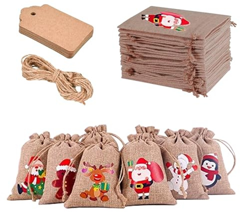 Bolsas de yute,12 bolsas de regalo,con cordón,bolsas tela pequeñas,Bolsa s de yute,saco bolsitas para regalos,6tipos de patrones,Saco con cordón Ajustable, Navidad de Papá