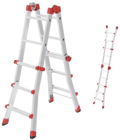 Hailo M80 Alu-Multifunktionsleiter - Schiebeleiter 4 x 3 Sprossen belastbar bis 150 kg - Sicherheitsgelenke und Rastgriffe - sprossenweise höhenverstellbar - Mehrzweckleiter rostfrei - Silber