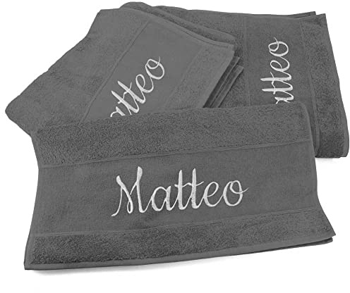 Handtücher 3er Set mit Namen oder Wunschtext bestickt - Farbe Anthrazit - 3 verschiedene Größen: 180 x 100 cm, 140 x 70 cm und 100 x 50 cm, personalisiertes Duschtuch - Badehandtuch, 100% Baumwolle