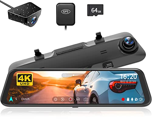 WOLFBOX 12'' G850 4K Rückfahrkamera Spiegel mit 5.8GHz WiFi und Sprachsteuerung, Dual Dash Cam Spiegel Auto Vorne und Hinten, Super Nachtsicht, Parküberwachung, Einschließlich 64 GB-Karte & GPS