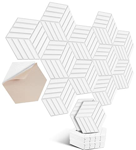 Hexagon Akustikplatten selbstklebend 12 Stück I Schallabsorber Schallschutz mit hoher Dichte für Wand Decken Holz & Tür - Akustikpanel Schallschutzplatten, 30x26x0.9cm,Streifen,Weiß
