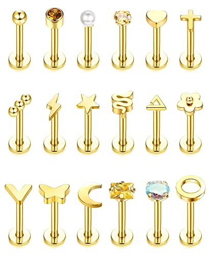 JeryWe 18Pcs 16G Lippenpiercing Stud Set Chirurgenstahl für Damen Herren Labret Piercing Stecker Ohrring Tragus Helix Conch Knorpel Piercing Ohr Labret Piercing Innengewinde 6mm Gold