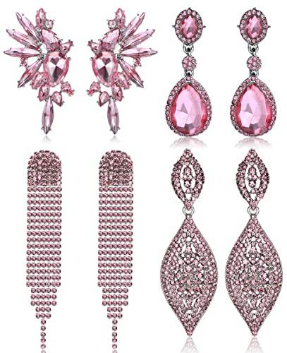 Kakonia 4 Paires de Boucles D'oreilles à Clip pour les Femmes et les Filles Boucles D'oreilles Pendantes Non Percées en Cristal Argenté Avec Strass pour le Mariage et le Bal de Fin D'année