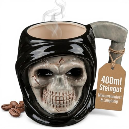MIJOMA Fantasy Tazza con manico da 400 ml – Sensenmann per caffè o tè – Gres con forma plastica e manico di falce – Idea regalo, da collezione e decorazione di Halloween