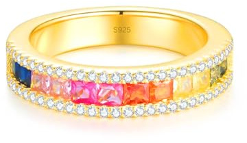 Lisandra Scott Halb-Regenbogen Ring aus 925 Sterlingsilber mit Buntstein-Verzierung umrahmt von glitzernden Zirkonia Steinen, Farbenfroher Luxus Damenring mit Bunten Steinchen für Frauen und Damen