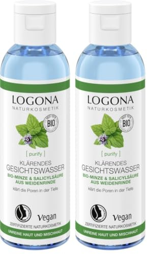 Bio Klärendes Gesichtswasser von LOGONA Naturkosmetik für unreine Haut & Mischhaut, Bio-Minze & natürlicher Salicylsäure aus Weidenrinde, Mattierend, Natürlich & Vegan, 125 ml (Packung mit 2)