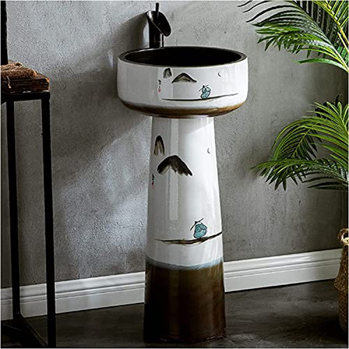 Vanity Unit with Basin,Bathroom Basin Sink with Full Pedestal, Pedestal Sink Handcrafted Ceramic wash Basin Pedestal washbasin Ceramic Compact Sink with Drain & Faucet for Indoor a