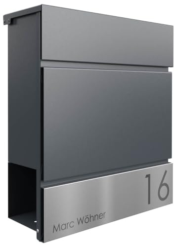 Briefkasten Manufaktur Design Briefkasten Kant Edition mit Zeitungsfach - Elegance 4 individuell mit Ihrem Namen & Hausnummer (RAL 7016 anthrazitgrau)
