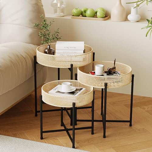 Bamworld Rattan-Beistelltische, runde Nisttische, Boho-Beistelltische für Wohnzimmer, Nachttische für kleine Räume, 3er-Set, Couchtische, handgewebte Nachttische mit Metallbeinen