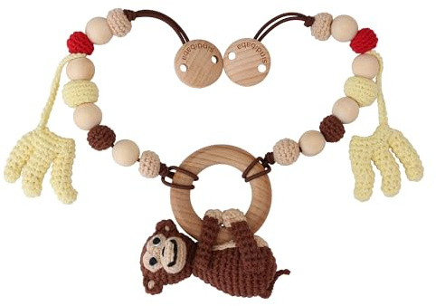 Sindibaba Chaîne de poussette multifonction 3 en 1 Singe Charlie (50 cm, crochetée, avec hochets) Bio - Jouet durable pour bébé avec peluche au crochet doux à suspendre à la poussette et au lit