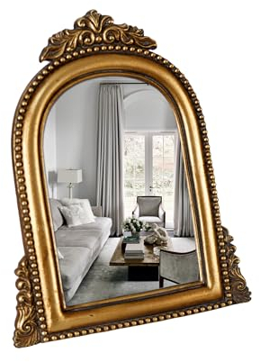 Oigumr Vintage Gold Ornate Baroque Vanity Desk Table Mirror - Small Arched Makeup Mirror with Resin Frame, 9.6x6.5 inch