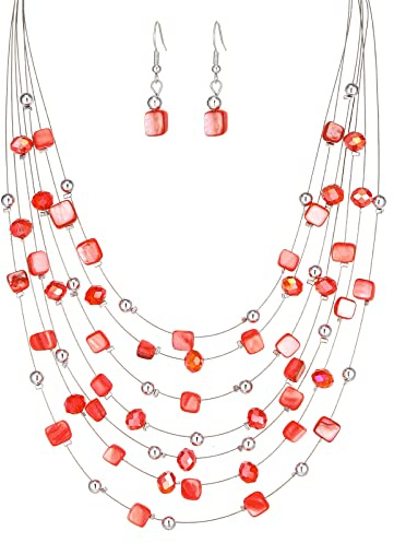 FULU AUTUMN Boho Mehrschichtige Perlenkette Damen Perlen Statement Kette und Ohrringe Set Modeschmuck für Mütter Frau Oma Mode Geschenke