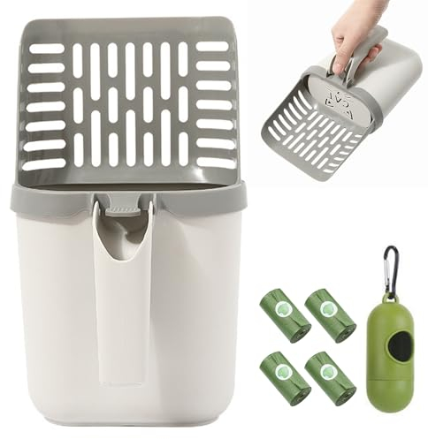 WIGUROE Katzenstreuschaufel mit Halter und Müllbeutelspender, Katzentoilette Schaufel mit 60 Stück Nachfüllbeutel und Abfalldose, abnehmbare tragbare Streuschaufel für Katzenstreu, Klumpstreu (Grau)