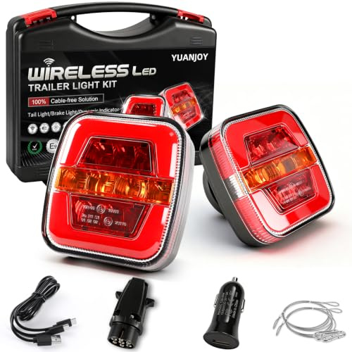 Yuanjoy kabellose LED Anhänger Rückleuchten Set Akku 12/24V | Rückleuchten Set 2.4GHz Fernbedienung 7-Pin Magnetfuß IP65 Wasserdicht ECE R10 Stahlseil für Anhänger Traktor Wohnwagen
