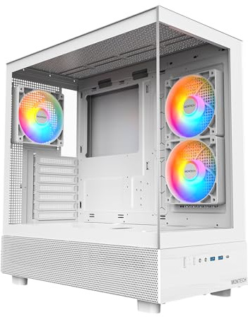 MONTECH XR-W, ATX Mid-Tower PC Gaming Case, 3x120mm ARGB PWM Fans Pre-Installed, Full-View Dual Tempered Glass Panel, Wood-Grain Design I/O Interface, Support 4090 GPUs, 360mm Radiator Support, White