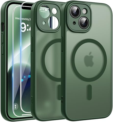 FLLAO Cover Magnetica per iPhone 14 Custodia e 2 Pellicole in Vetro Temperato, Cover iPhone 14 Compatibile con Magsafe, Traslucida Opaca Posteriore Sottile Antiurto Protettiva Case, Verde